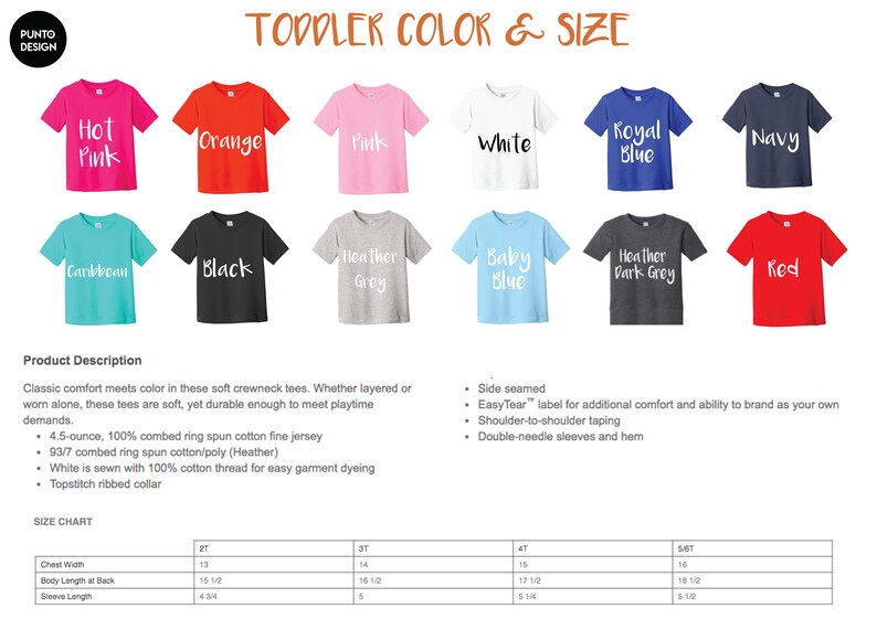 May include: A selection of toddler crewneck t-shirts in colours like pink, orange, white, blue, and navy. Each shirt displays its colour name. The image also features a product description and a size chart for the t-shirts.
