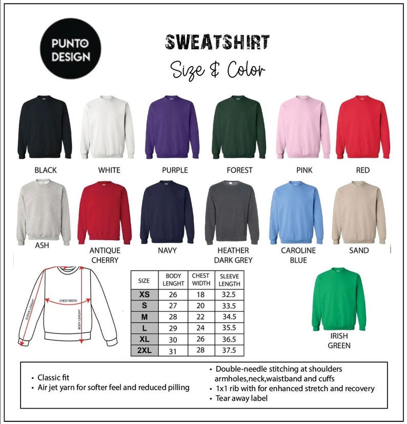 K&ouml;nnte beinhalten: Eine Gr&ouml;&szlig;entabelle f&uuml;r Sweatshirts in verschiedenen Farben und Gr&ouml;&szlig;en. Die Tabelle zeigt die K&ouml;rperl&auml;nge, die Brustweite und die &Auml;rmell&auml;nge in Zoll f&uuml;r die Gr&ouml;&szlig;en XS bis 2XL. Die Farben umfassen Schwarz, Wei&szlig;, Lila, Waldgr&uuml;n, Rosa, Rot, Asche, Antikes Kirschrot, Marineblau, Dunkelgrau meliert, Carolineblau, Sand und Irischgr&uuml;n.