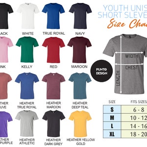 May include: Youth unisex short sleeve tee size chart with different color options. The chart shows sizes S, M, L, and XL with corresponding chest measurements in inches. The chart also includes a variety of colors, including black, white, true royal, navy, pink, kelly, red, maroon, heather mauve, heather true royal, heather maroon, heather deep teal, heather team purple, heather athletic, heather dark grey, and heather yellow gold.