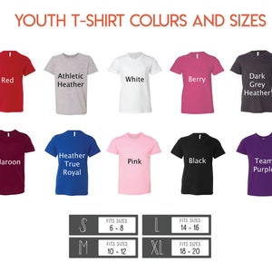 May include: A selection of youth t-shirts in colours such as red, white, and black. The image includes size charts for the t-shirts, with sizes from S to XL, fitting sizes 6-20.