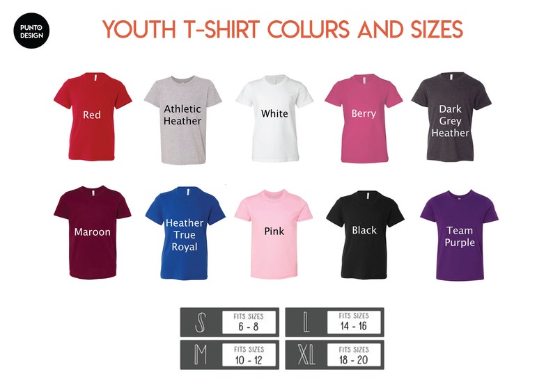 May include: A selection of youth t-shirts in colours such as red, white, and black. The image includes size charts for the t-shirts, with sizes from S to XL, fitting sizes 6-20.