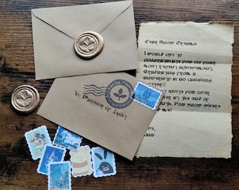 May include: A brown envelope with a wax seal and a handwritten letter addressed to "Marion of Light". The letter is written in a dark ink and includes the text "I would like to congratulate you on your most recent achievements.  Gratitude from is immeasurable!"