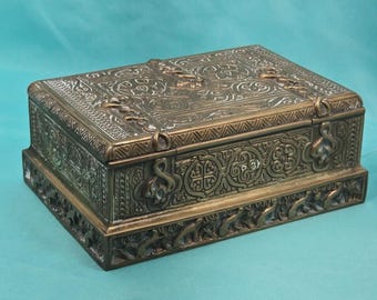 Caja de bronce antigua de colección de Tiffany Studios Nueva York, 1680, diseño ornamentado, interior de madera.