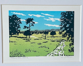 Landschaft, Linoldruck, OriginalKunst, Petworth Park, Surrey, Linolschnitt, Minidruck, Blau, Grün, Wandkunst, Druck, Linoldruck, Linolschnitt