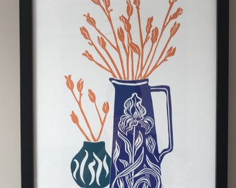 Linoldruck, Samenkapseln, Iris, Linoldruck, Original Kunst, Stillleben, krug, blau, orange, Wandkunst, Druckgrafik, Geburtstagsgeschenk