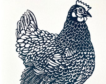 Chicken lino print, Hand printed, hen, Blue Sussex, grey, mauve, lino cut, original art print, printmaking, block print, linoprint, gift