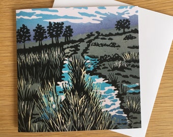 Greeting card, lino cut, lino print, blank card, original art print, landscape, birthday card, card for her, card for him, thank you card