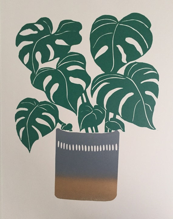 Hand printed, lino print, Monstera, swiss cheese plant, house plant, green, original art, wall art, printmaking, birthday gift