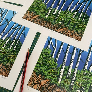 Landscape, Lino print, Original art, Silver Birch Trees, Surrey, Lino cut, Blue, Green, Orange, Wall art, Print, Limited edition, Linocut image 2