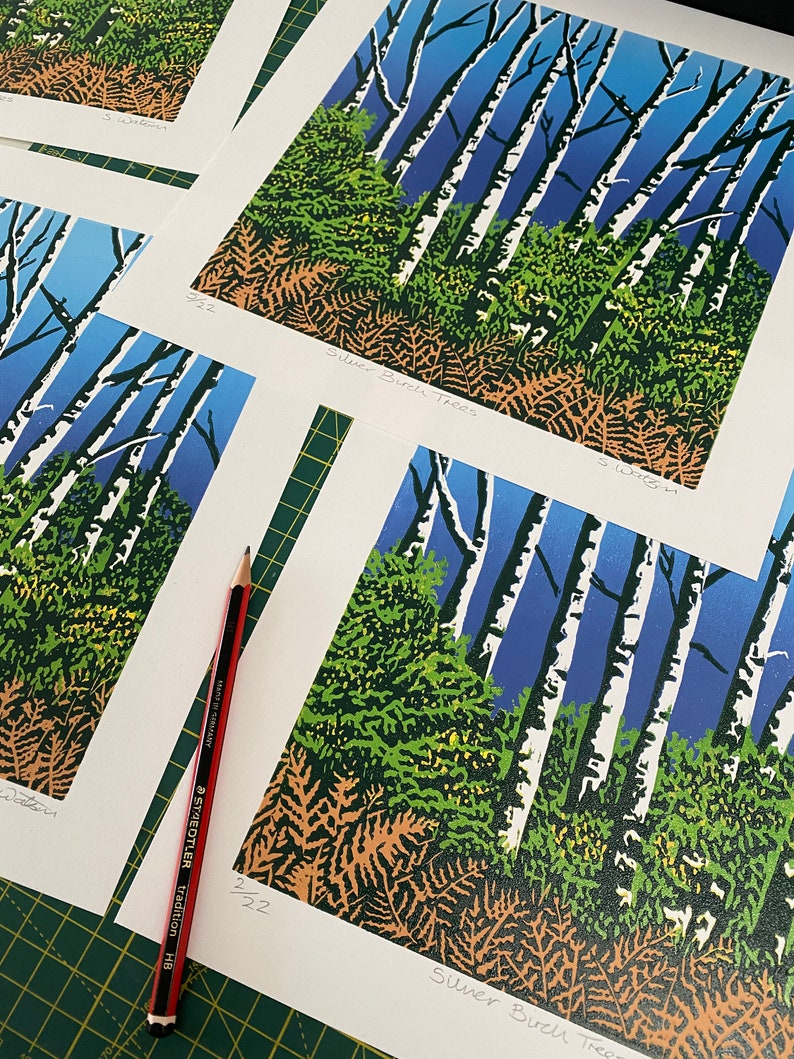 Landscape, Lino print, Original art, Silver Birch Trees, Surrey, Lino cut, Blue, Green, Orange, Wall art, Print, Limited edition, Linocut image 2