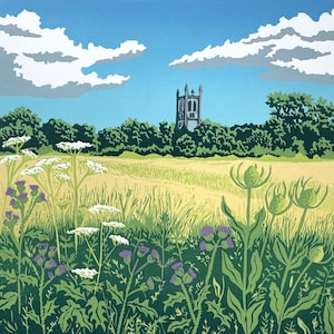 Landscape, Lino print, Original art, Bishop&#39;s Meadow, Farnham Surrey, church, Lino cut, Green, Blue, Wall art, Limited edition, Linoprint,