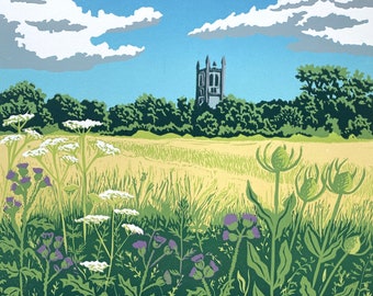 Landschaft, Linoldruck, Original Kunst, Bischofswiese, Farnham Surrey, Kirche, Linolschnitt, grün, blau, Wandkunst, limitierte Auflage, Linoldruck,