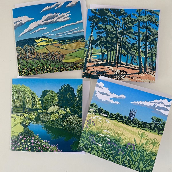 Carte de vœux, Pack de 4, coupe lino, impression lino, carte blanche, impression d'art originale, paysage, carte d'anniversaire, carte pour elle, carte pour lui