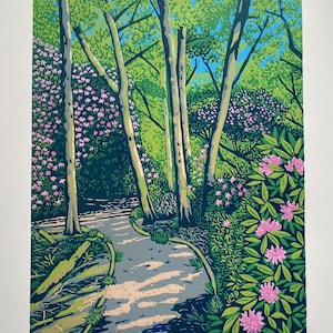 Landscape, Lino print, Original art, Rhododendrons, Lino cut, Woodland, Surrey, Green, Blue, Pink, Wall art, Limited edition, Linoprint,