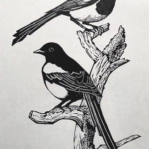 Elstern, Linoldruck, Vogel, Linolschnitt, Vogeldruck, Linoldruck, Originalkunst, Wandkunst, Druck, Handgemacht, Handgedruckt, Zwei vor Freude, Vogeldruck