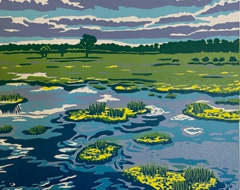 Landschaft, Linoldruck, Original Kunst, Thursley Common, Surrey, Linolschnitt, Blau, Grün, Gelb, Wandkunst, Print, Limitierte Auflage, Linolschnitt