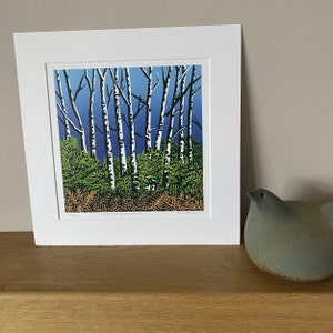 Landscape, Lino print, Original art, Silver Birch Trees, Surrey, Lino cut, Blue, Green, Orange, Wall art, Print, Limited edition, Linocut image 3