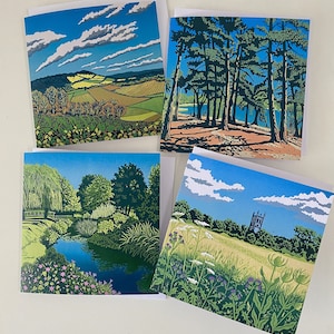 グリーティング カード、4 枚パック、リノカット、リノ プリント、空白カード、オリジナル アート プリント、風景、誕生日カード、彼女へのカード、彼へのカード