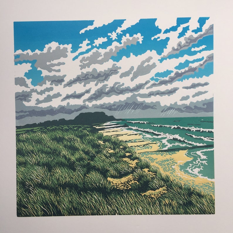 Linoprint, Seascape, Hengistbury Head, Dorset, Sea, Dunes, Limited edition, Wall art, Original art, Sea picture, Blue, green, Southbourne image 2