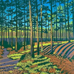 Landschaft, Linoldruck, Original Kunst, Bourne Woods, Landschaft von Surrey, Kiefern, Linolschnitt, Herbst, Wandkunst, Limitierte Auflage, Linoldruck,
