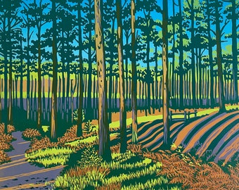 Landscape, Lino print, Original art, Bourne Woods, Surrey landscape, Pine trees, Linocut, Autumn, Wall art, Limited edition, Linoprint,