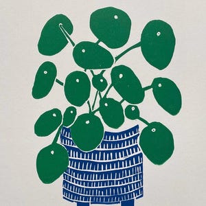 Plant lino print, Hand printed, pilea, blue, orange, lino cut, original art print, printmaking, block print, linoprint, gift, plant print