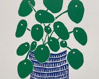 Handgedruckter Linoldruck Pilea, Blauer Topf, Original Kunst, Linoldruck
