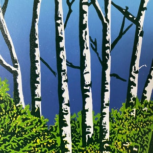 Landscape, Lino print, Original art, Silver Birch Trees, Surrey, Lino cut, Blue, Green, Orange, Wall art, Print, Limited edition, Linocut image 4