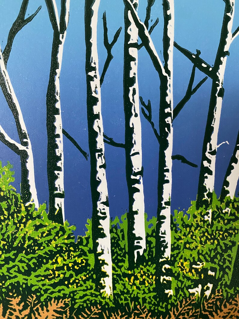 Landscape, Lino print, Original art, Silver Birch Trees, Surrey, Lino cut, Blue, Green, Orange, Wall art, Print, Limited edition, Linocut image 4