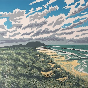 Linoprint, Seascape, Hengistbury Head, Dorset, Sea, Dunes, Limited edition, Wall art, Original art, Sea picture, Blue, green, Southbourne image 1