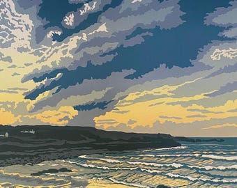 Porthmeor Beach, St Ives, Sturmwolken, Strand, Porthmeor Beach, limitierte Auflage, Linoldruck, Original Kunst, Linoldruck, Kunst, Linoldruck