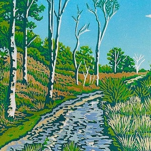 Landscape, Lino print, Original art, Frensham Common, Lino cut, Blue, Green, Wall art, Print, Limited edition, Linoprint, Heathland Walk