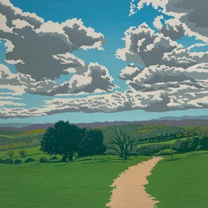 Landscape, Lino print, Original art, Newlands Corner, Surrey Hills, Lino cut, Green, Blue,  Wall art, Limited edition, Linoprint,
