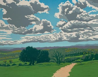 Landschaft, Linoldruck, Original Kunst, Newlands Corner, Surrey Hills, Linoldruck, Grün, Blau, Wall Art, Limitierte Auflage, Linoldruck,
