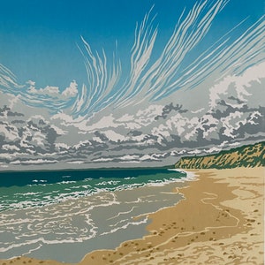Landscape, Lino print, Original art, Hengistbury Head beach, Dorset, Coast, Sea, Lino cut, Blue, Wall art, Limited edition, Linoprint,
