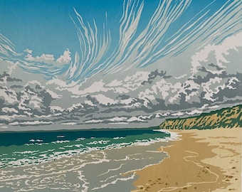Landschaft, Linoldruck, Original Kunst, Hengistbury Head Strand, Dorset, Küste, Meer, Linolschnitt, blau, Wandkunst, limitierte Auflage, Linoldruck,