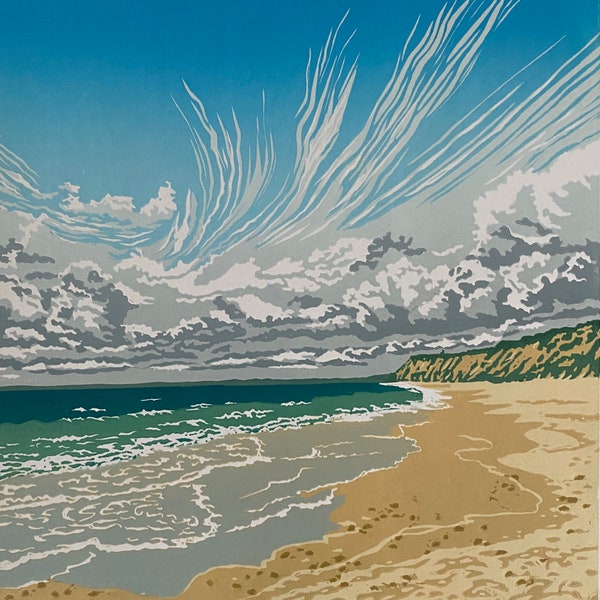 Landscape, Lino print, Original art, Hengistbury Head beach, Dorset, Coast, Sea, Lino cut, Blue, Wall art, Limited edition, Linoprint,
