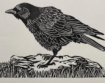 Krähe, Linoldruck, Vogel, Linolschnitt, Vogeldruck, Linoldruck, Original Kunst, Wandkunst, Print, Handgemacht, Handgedruckt