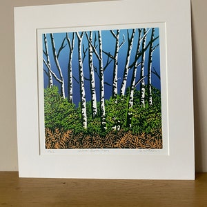 Landscape, Lino print, Original art, Silver Birch Trees, Surrey, Lino cut, Blue, Green, Orange, Wall art, Print, Limited edition, Linocut image 5