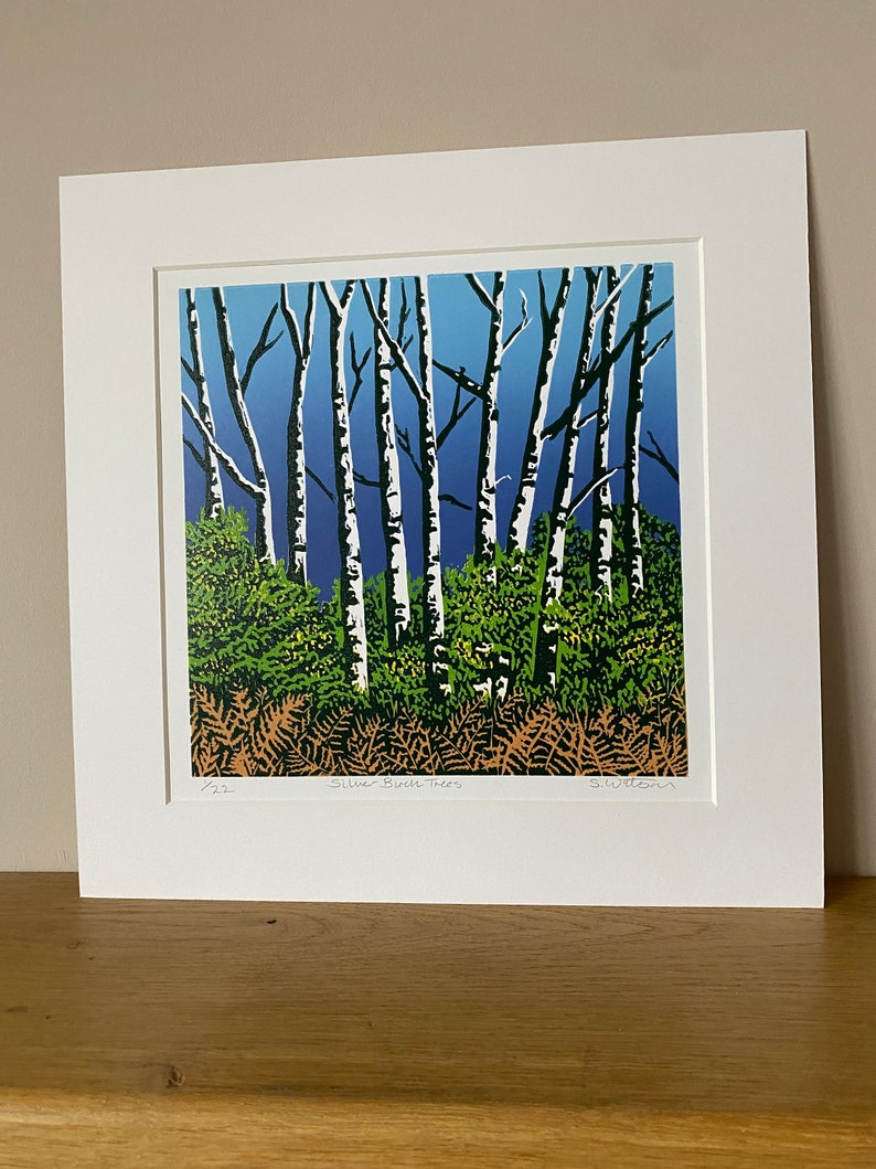 Landscape, Lino print, Original art, Silver Birch Trees, Surrey, Lino cut, Blue, Green, Orange, Wall art, Print, Limited edition, Linocut image 5