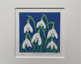 Schneeglöckchen Linoldruck, Handgedruckt, Blumen, Frühlingsblumen, Linolschnitt, Originalkunstdruck, PrintMaking, Block Print, Blumen Linoldruck