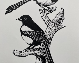 Elster Linoldruck, Original Vogel Kunst, Handbedruckte Wandkunst, Zwei vor Freude