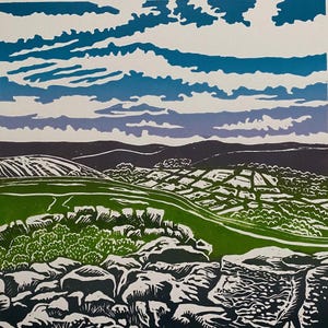Landscape, Lino print, Original art, Yorkshire, Wharfedale, Hills, Rocks, Lino cut, Blue, Green,  Wall art, Print, Limited edition, Linocut