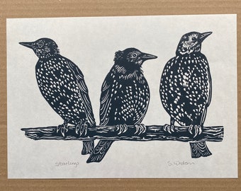 Starlings, lino print, Bird, Lino cut, Bird print, Lino print, Original art, Wall art, Print, Handmade, Hand printed, 3 birds,