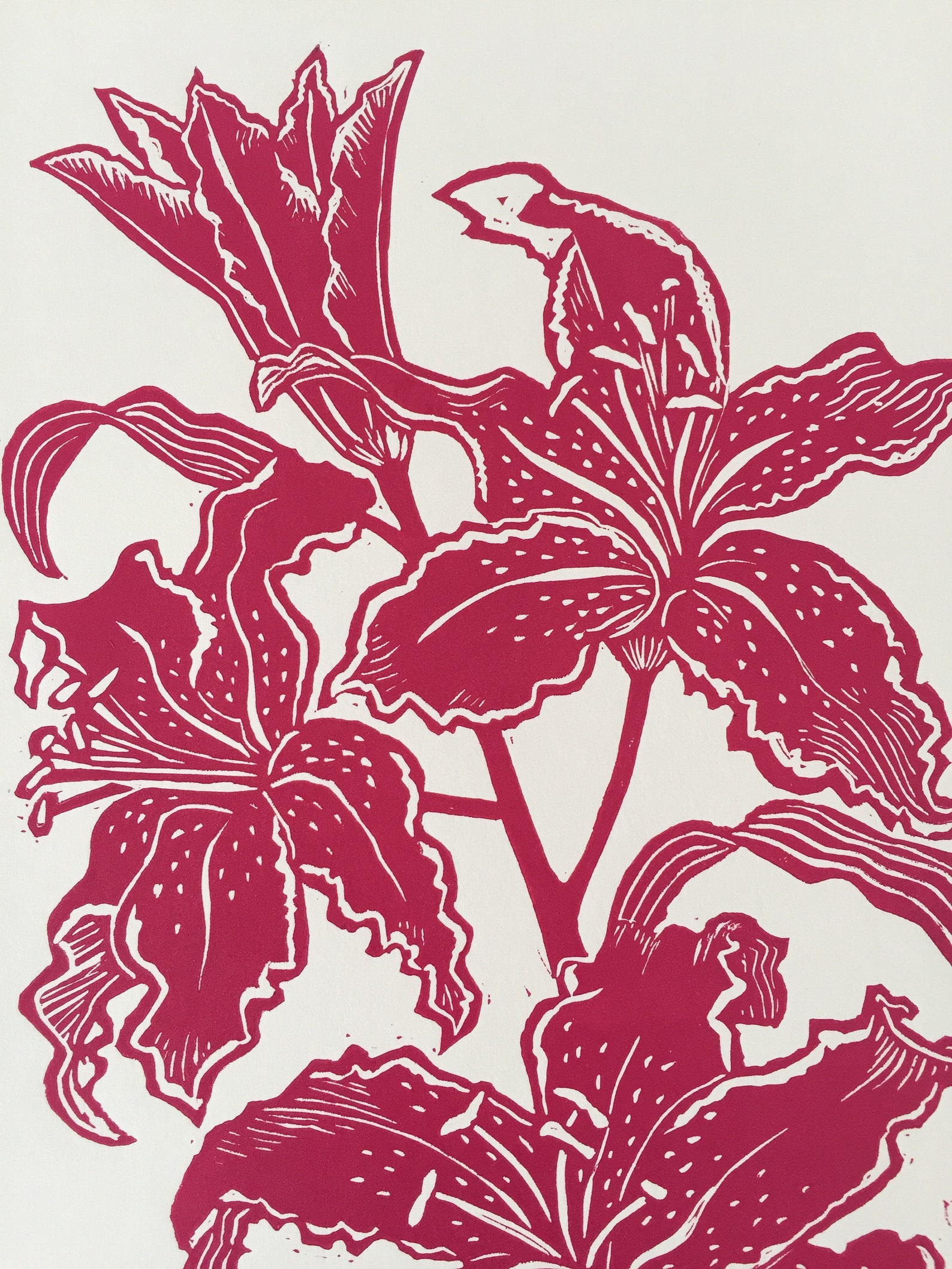 Lino print Flowers Lilies Lino cut Pink Wall art Print | Etsy