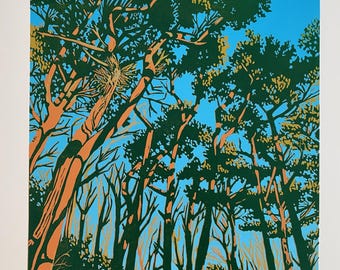 Landschaft, Linoldruck, Original Kunst, Pinien, Morgensonne, Linolschnitt, Wald, Surrey, Blau, Orange, Wandkunst, Limitierte Auflage, Linolschnitt