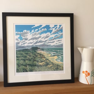 Linoprint, Seascape, Hengistbury Head, Dorset, Sea, Dunes, Limited edition, Wall art, Original art, Sea picture, Blue, green, Southbourne image 4