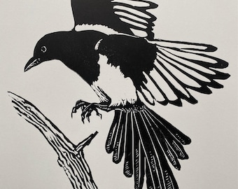 Elster Linoldruck, Original Vogel Kunst, Handbedruckte Wandkunst, Flug