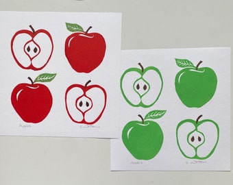 Äpfel Linoldruck, Grüne und Rote Früchte, Original Linoldruck