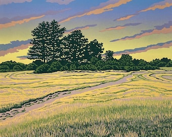 Sommerabend Linoldruck: Limitierte Auflage, Sonnenuntergang, Landschaft, Felder und Bäume Druck